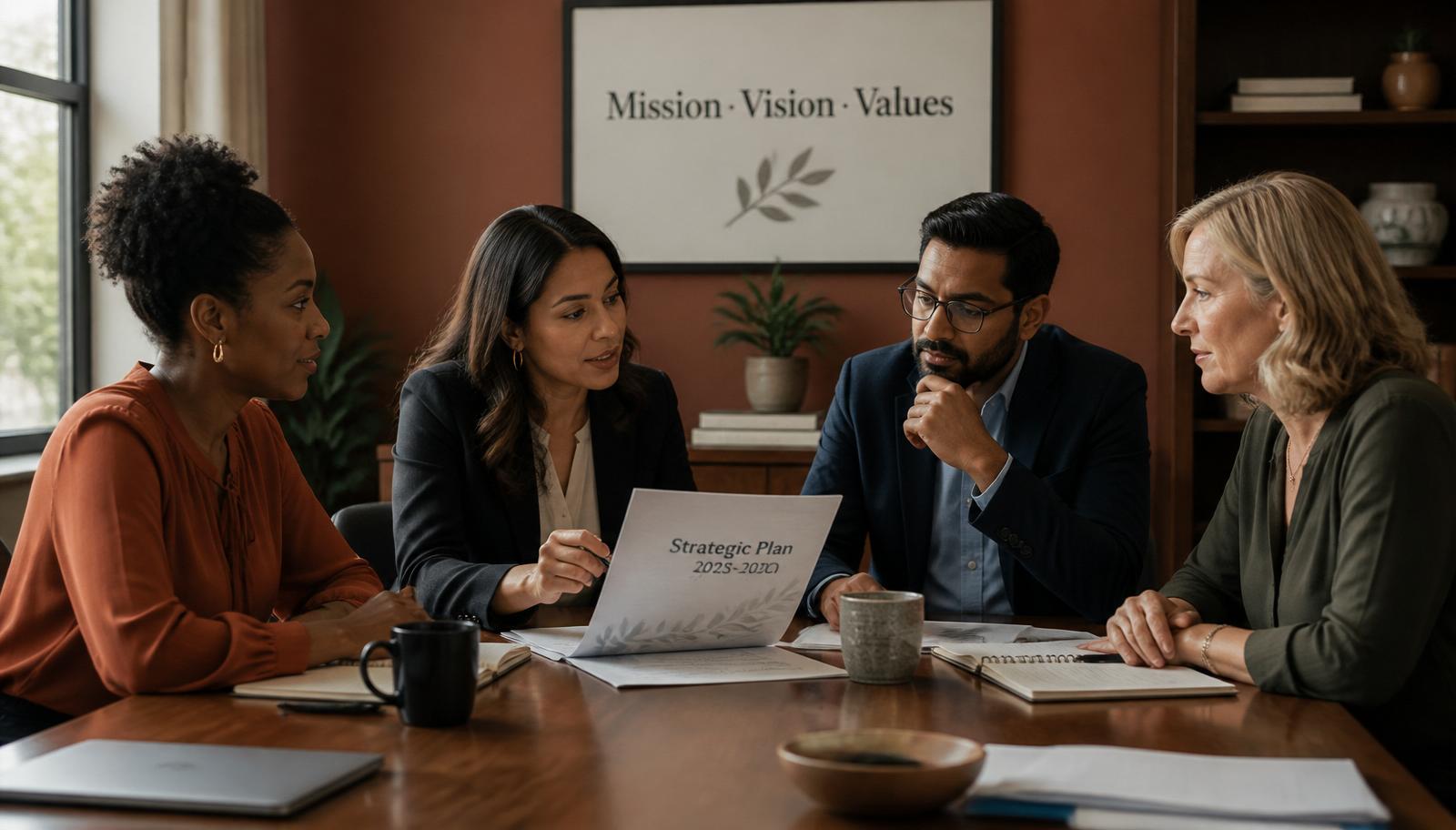 A multicultural leadership team of four — a Black woman, a Latina woman, a South Asian man, and a white woman — in candid strategic conversation around a warm wooden conference table