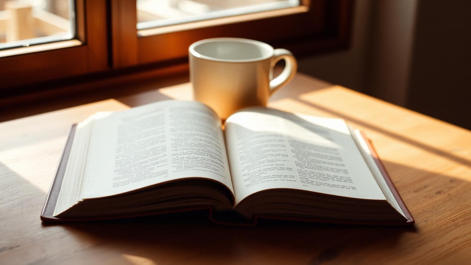 An open hardcover book resting on a warm wooden desk beside a ceramic cup in soft window light