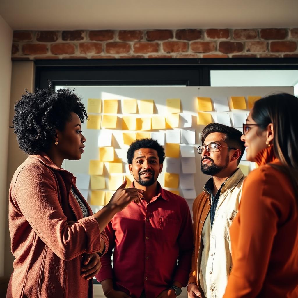 A small team of leaders studying a wall of sticky notes during a strategic planning session