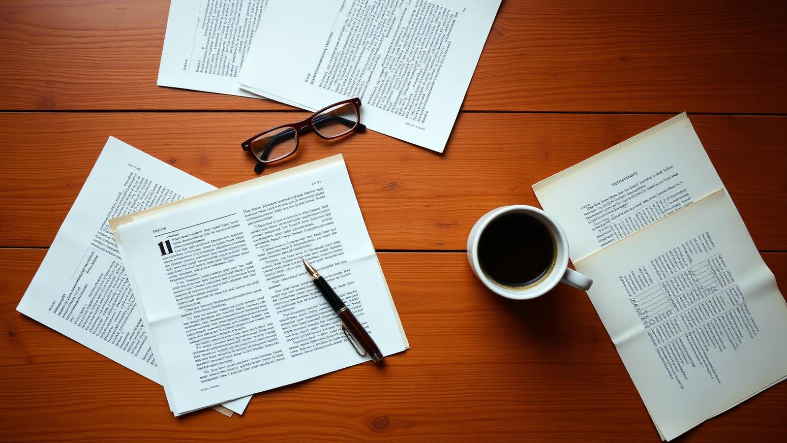 Overhead flat lay of papers, pen, reading glasses, and a mug of coffee on a warm wooden desk