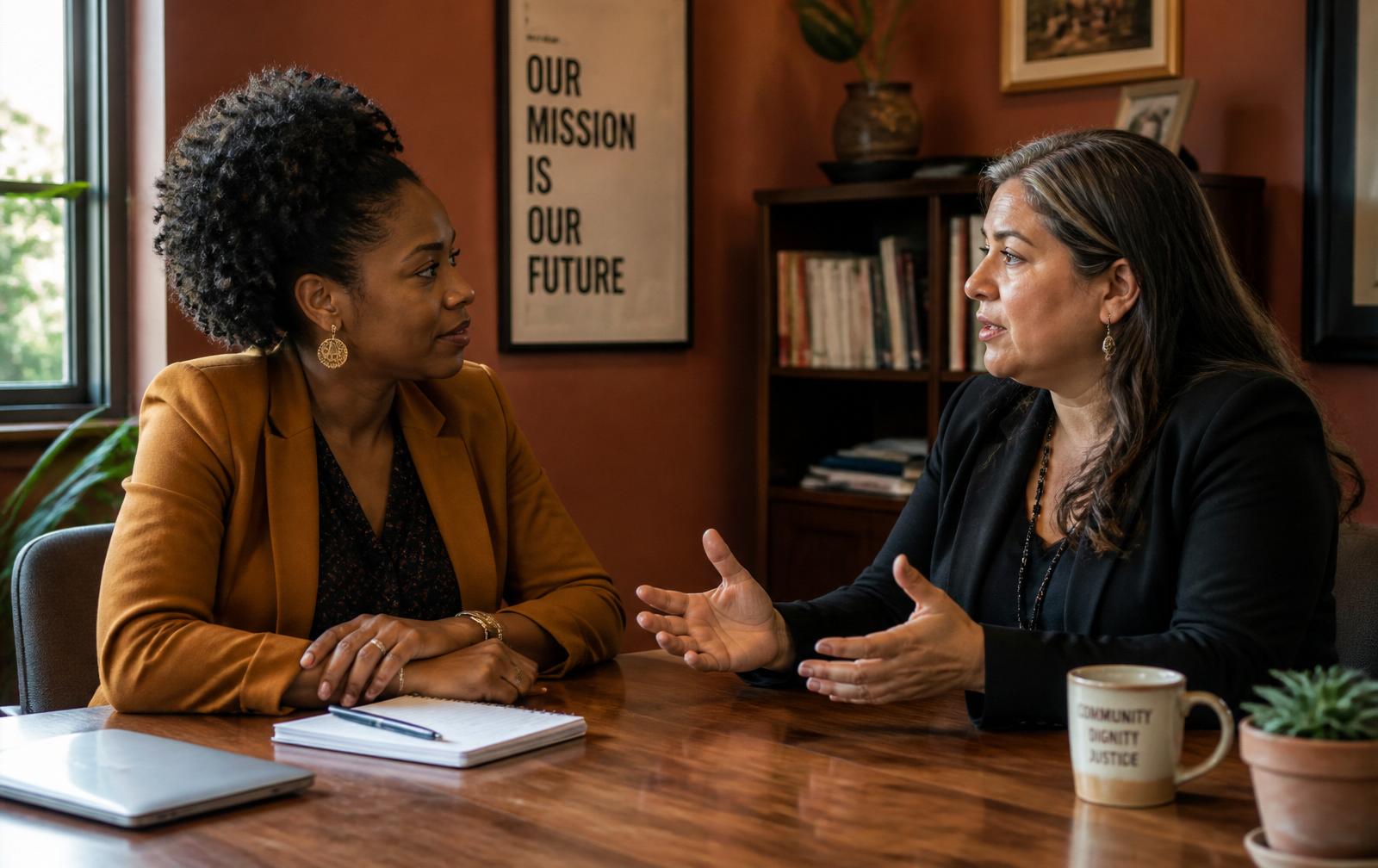 Two nonprofit leaders in focused conversation across a warm wooden meeting table