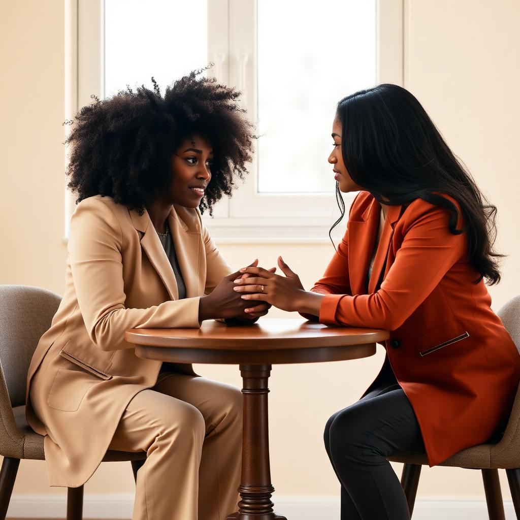 Two colleagues in calm, mediated conversation across a small round table