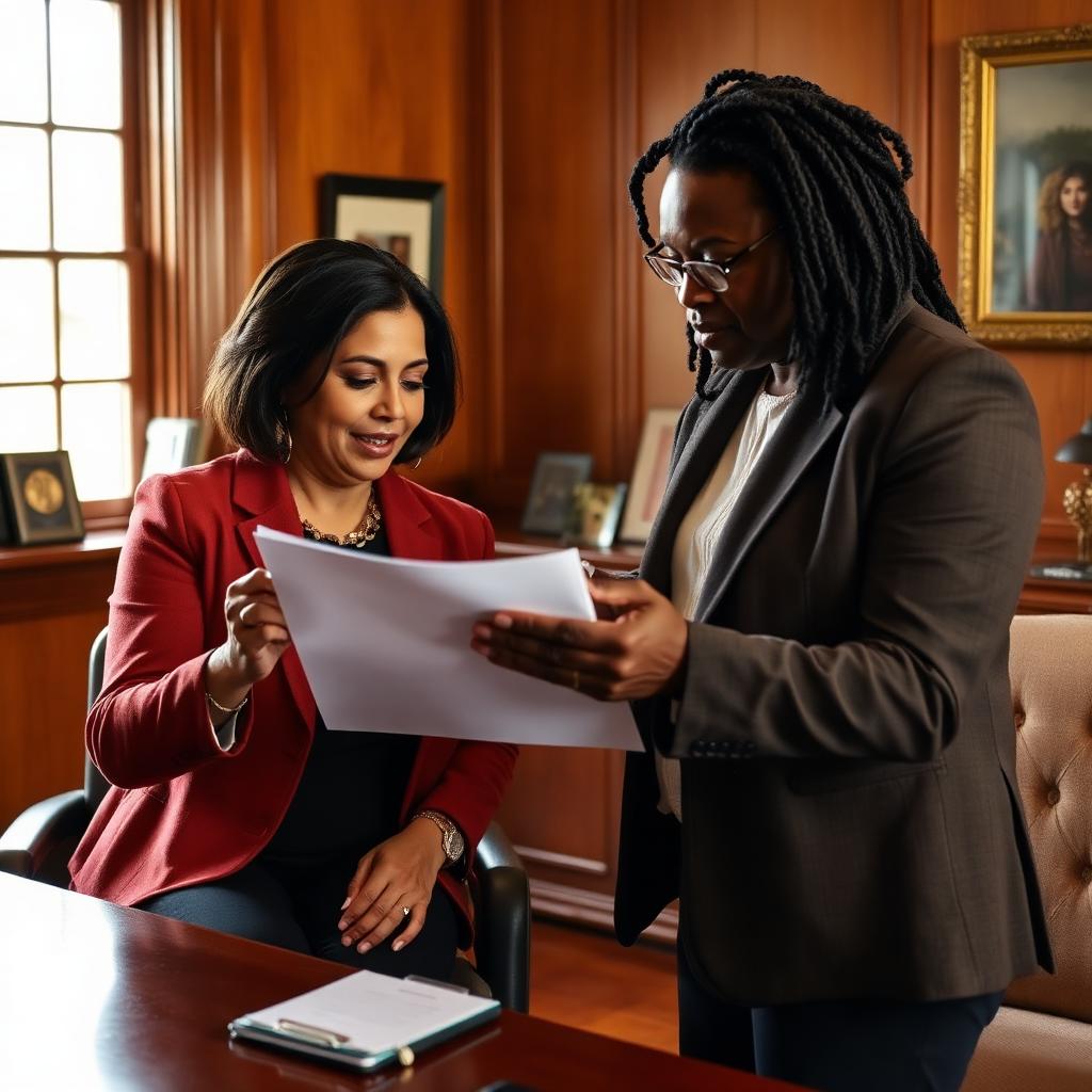 A board chair and executive director reviewing a document together in a wood-paneled office