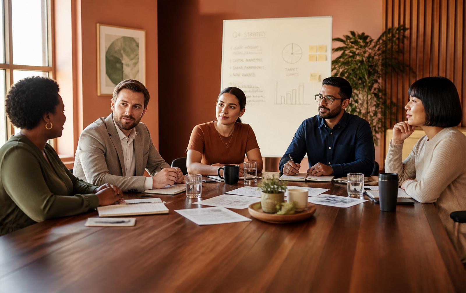 A small diverse team in animated collaborative discussion around a wooden meeting table
