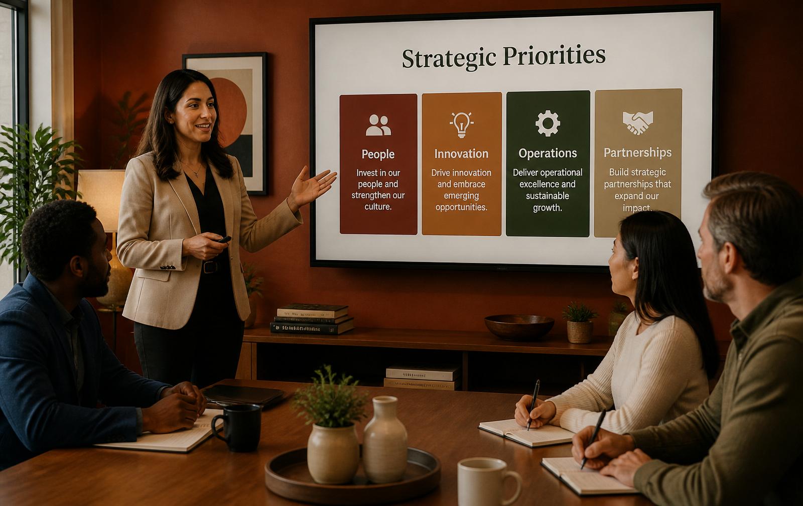 A Black man leading an inclusive leadership workshop for a multicultural team of colleagues taking notes in a warmly lit training room