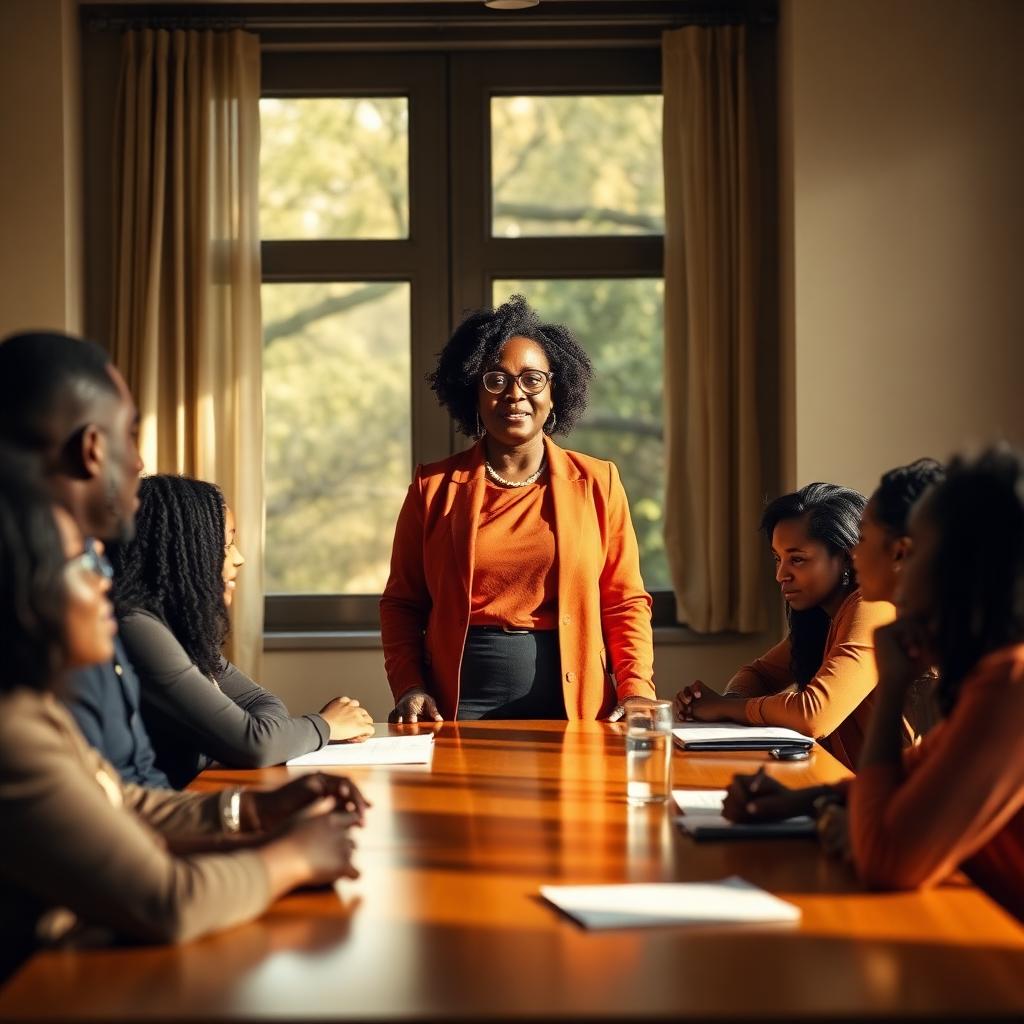 A leader standing at the head of a conference table addressing a team through an organizational transition